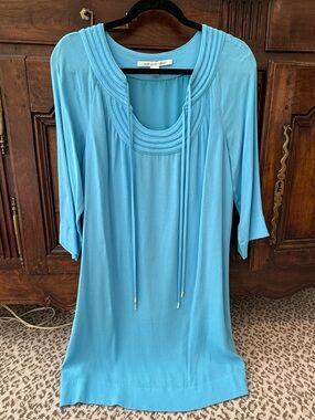 Diane Von Furstenberg Sky Blue Pleated Scoop-Neck Midi Tunic with Ties